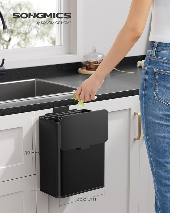 SONGMICS Mülleimer hängend, 8 L Komposteimer Küche, Stahl-Abfalleimer mit Deckel für Biomüll, mit Ha