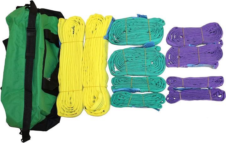 Rundschlingen Set 1t - 3t Tragfähigkeit, 11-teilig, 1000-3000 kg WLL, farbcodiert violett, grün, gel