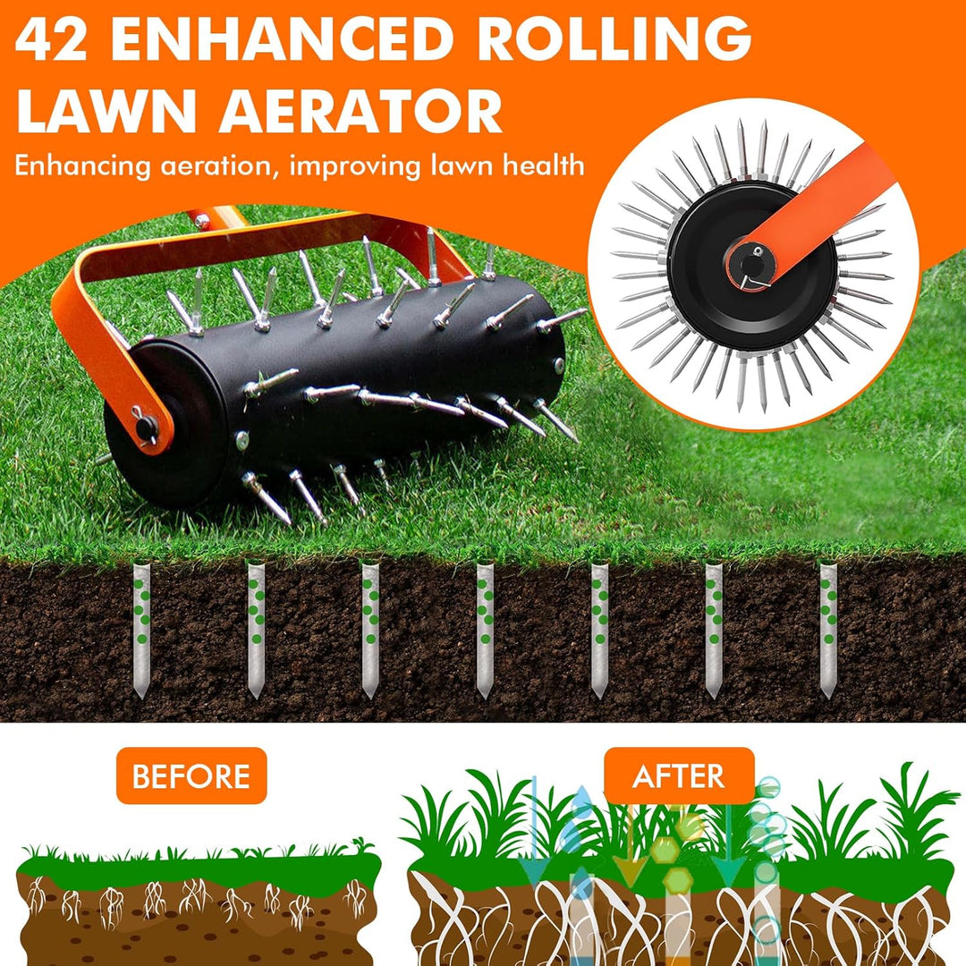Rasenlüfter Walze, Rasenbelüfter Manuell, Handvertikutierer Rollend mit 42 Nägeln 5cm & Spritzschutz