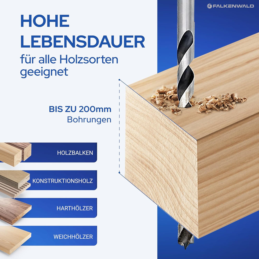 Falkenwald Holzbohrer Set lang 7tlg. + Koffer - Holzbohrer lang für präzise Bohrungen in Weich- und
