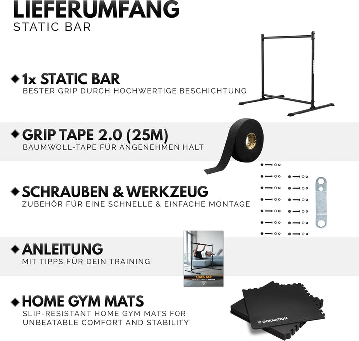 GORNATION Static Bar, Front Lever Bar mit rutschfesten Füssen, pulverbeschichtetem Griff, verstellba