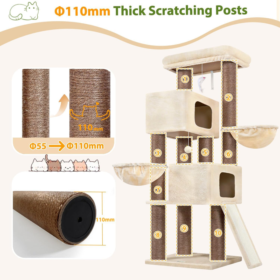 Globlazer Beige Kratzbaum Dicke Stämme 11CM für Grosse Katzen mit 2 Extragross Katzenhaus 50*35*30cm