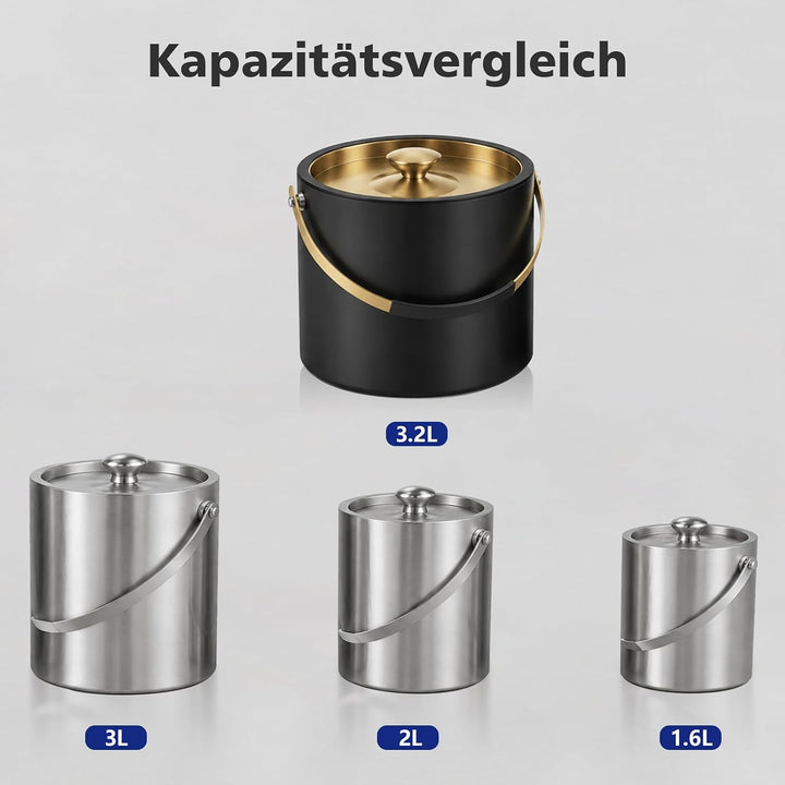 3.2L Moderner isolierter Eiskübel mit Silikondeckel, Schaufel, Sieb, doppelwandiger Eiskübel aus Ede