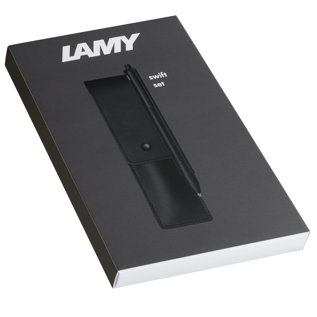 LAMY Set aus 1x swift Tintenroller 330 aus Edelstahl in schwarz und 1x Echtleder-Etui in der Farbe s