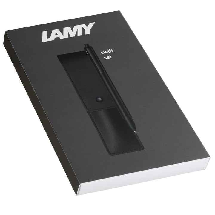 LAMY Set aus 1x swift Tintenroller 330 aus Edelstahl in schwarz und 1x Echtleder-Etui in der Farbe s