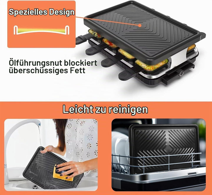 HengBO Raclette Grill für 8 Personen mit 8 Antihaft-Pfännchen, Stufenlos Verstellbare Grillplatte, E