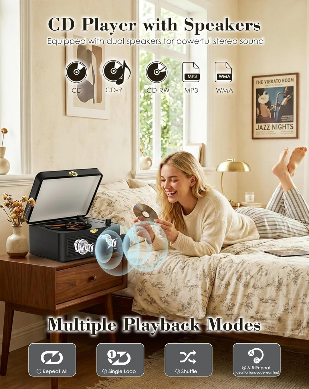 Tragbar CD Player Bluetooth Retro Radio mit CD-Player mit Lautsprecher Unterstützung USB & AUX-Wiede