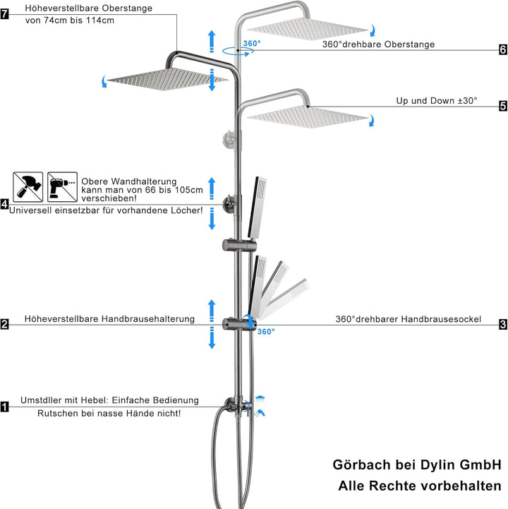 Görbach Edelstahl Duschset ohne Armatur, Regendusche Duschsystem mit Duschkopf, Duschstange, Duschsc
