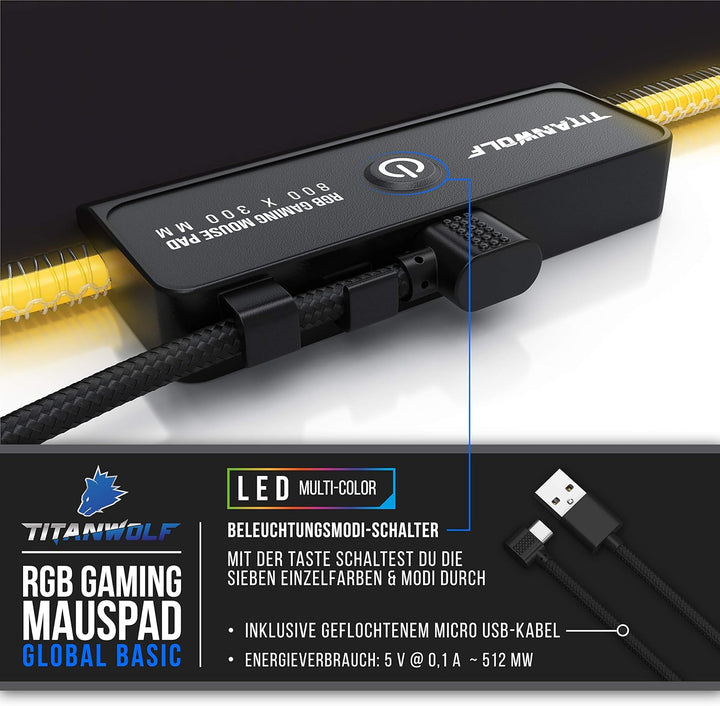 Titanwolf - RGB Gaming Mauspad - 800x300 mm - XXL Mousepad - LED Multi Color - 7 LED Farben Plus 4 E