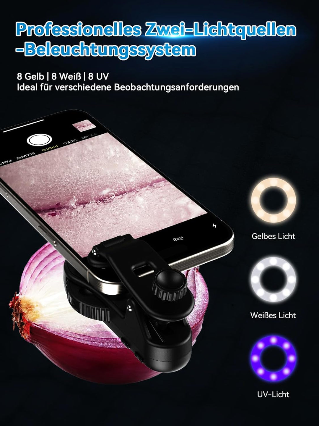 Apexel TriScope 3-in-1 Smartphone-Mikroskop- 40X/80X/120X Handy Mikroskop, Dual-LED & UV-Licht,Unive