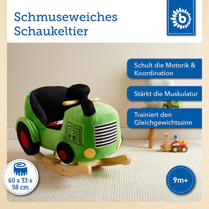 Bieco Plüsch Schaukeltier Traktor 60 cm | Kinder Schaukelstuhl mit Sicherheitsgurt | Baby Schaukel |