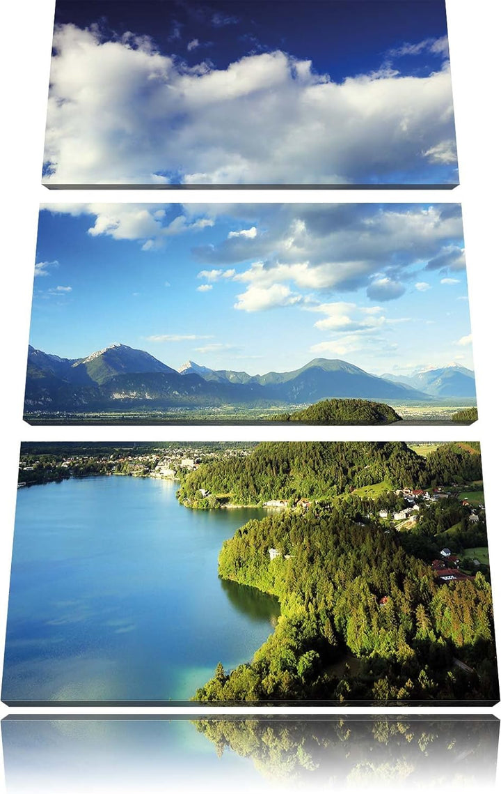 Pixxprint See mit Insel Landschaft 3-Teiler Leinwandbild 120x80 Bild auf Leinwand
