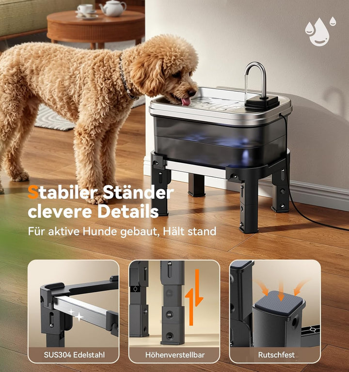 FEELNEEDY 9L Trinkbrunnen für Hunde mit 3-Stufig Verstellbarem Ständer, Hundebrunnen mit 3 Filters,