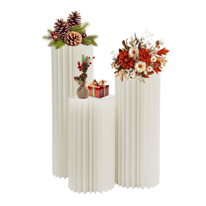 3 Stück Hochzeit Karton Blumensäule Vasen, Blumenständer Dekosäule Faltbarer Deko Säulen mit PVC-Pla