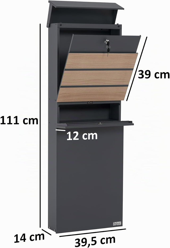 Zelsius Briefkasten mit Zeitungsfach | Postbox in Anthrazit (RAL7016) mit Holzoptik (Buche) | Standb