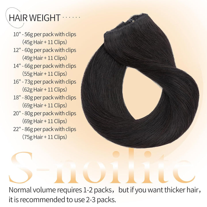 S-noilite Clip in Extensions Echthaar Natürliches Schwarz 25cm 56g Extensions Clip in Echthaar Haarv