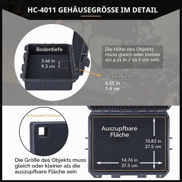 Lykus HC-4011 Wasserdicht Koffer mit anpassbar Rasterschaumstoff, Innengrösse 39,5x29,5x13 cm, Geeig