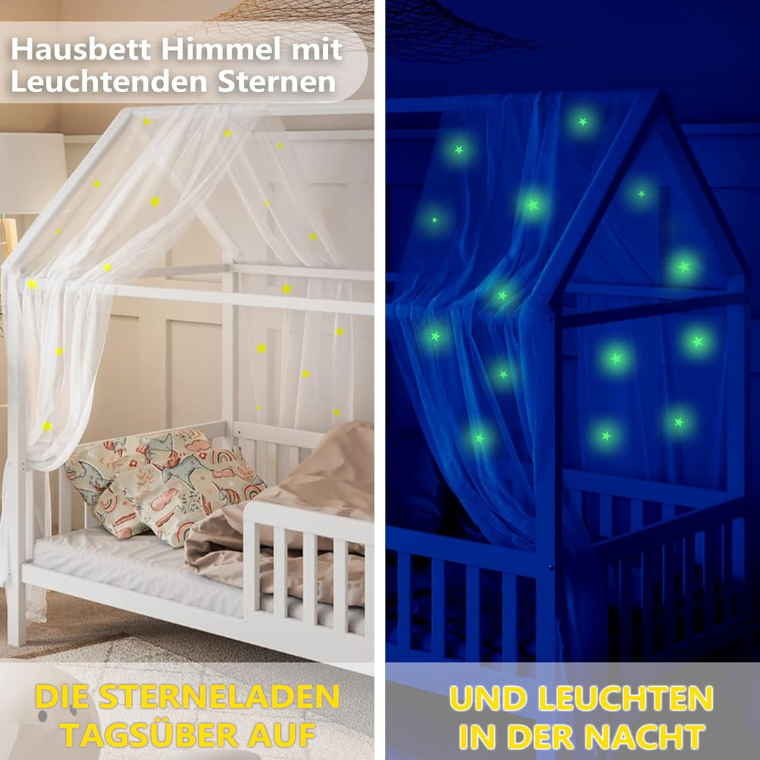 Hausbett Himmel Deko mit Leuchtenden Sternen, 2 Betthimmel & 1 Wimpelkette | Babybett Himmel für Kin