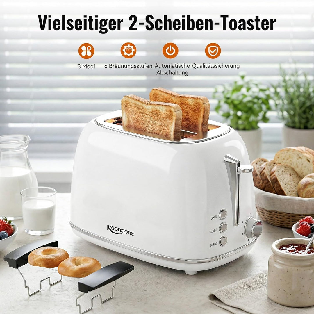 Keenstone Toaster 2 Scheiben, Retro Edelstahl Toaster mit breitem Schlitz, 6 Bräunungsstufen, mit Wa