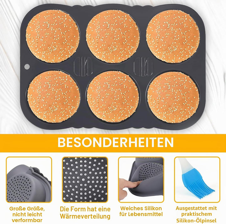 Burger Buns Backform, Brötchenbackformen Rund 10cm Ø Silikon Perforierte mit 6 Hohlräumen Brötchen B