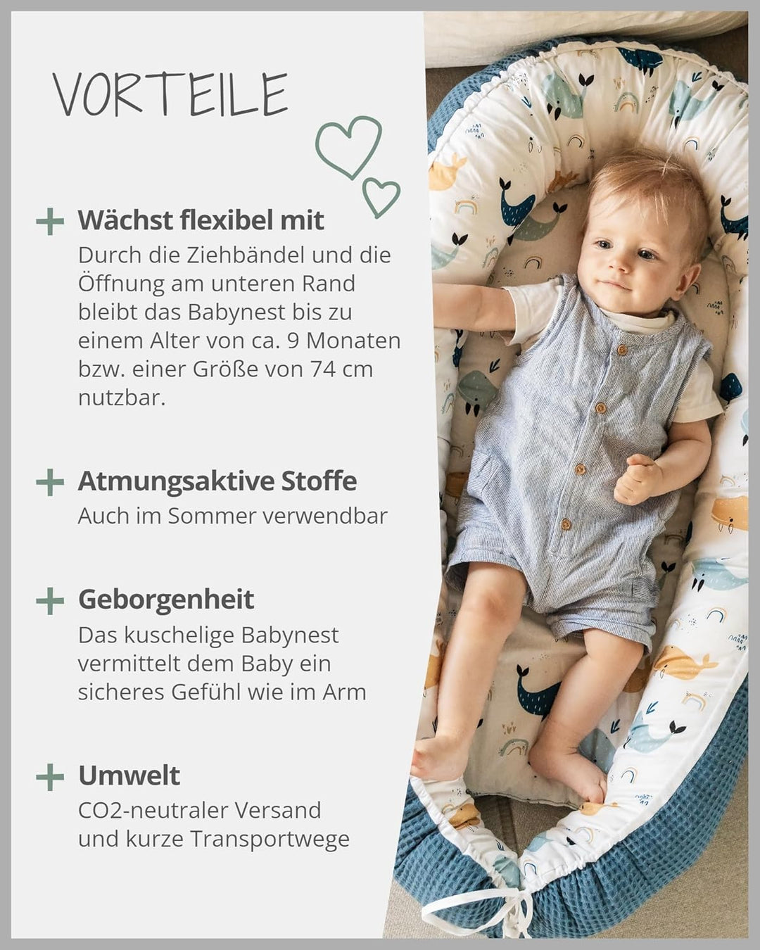 ULLENBOOM ® Babynest & Kuschelnest (55x95 cm) Blau-Wale (Made in EU) - Baby Nestchen aus Baumwolle,
