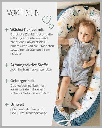 ULLENBOOM ® Babynest & Kuschelnest (55x95 cm) Blau-Wale (Made in EU) - Baby Nestchen aus Baumwolle,