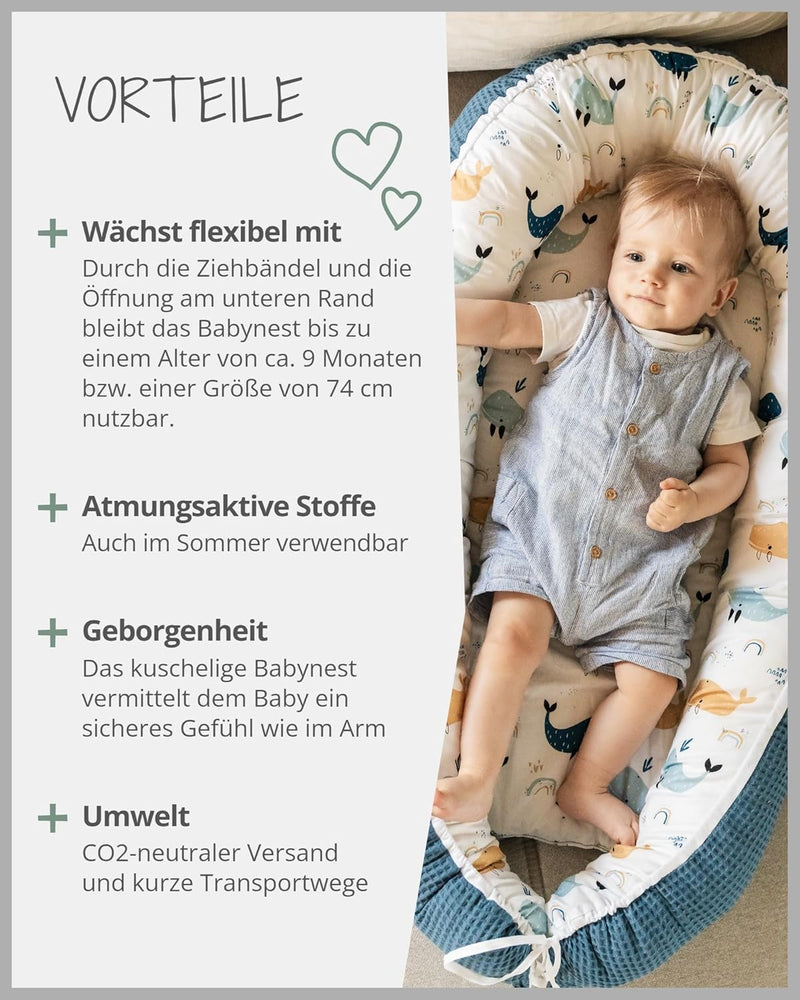 ULLENBOOM ® Babynest & Kuschelnest (55x95 cm) Blau-Wale (Made in EU) - Baby Nestchen aus Baumwolle,