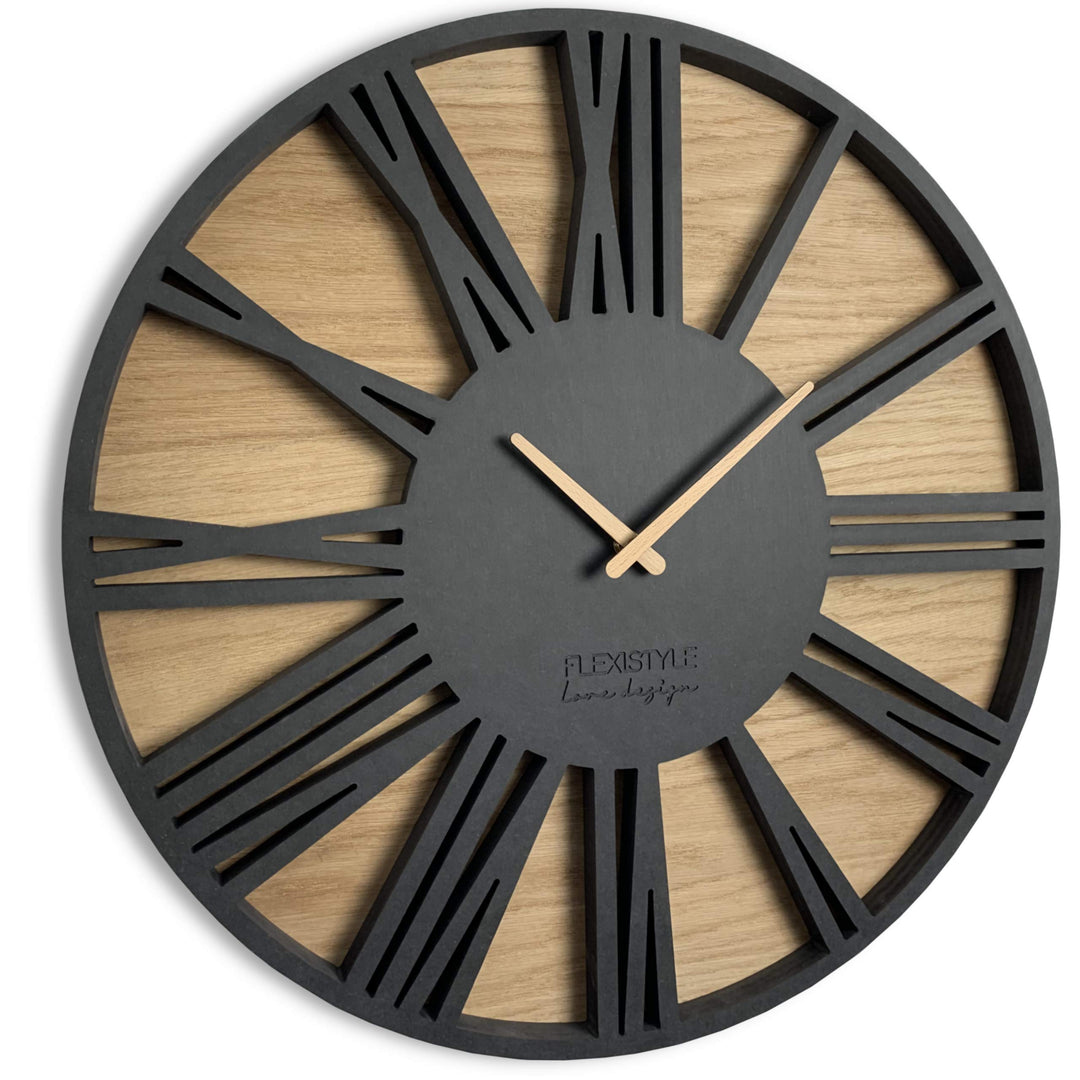 FLEXISTYLE Gross wanduhr ohne tickgeräusche Roman LOFT Schwarz 50cm, Wohnzimmer, Schlafzimmer, in EU