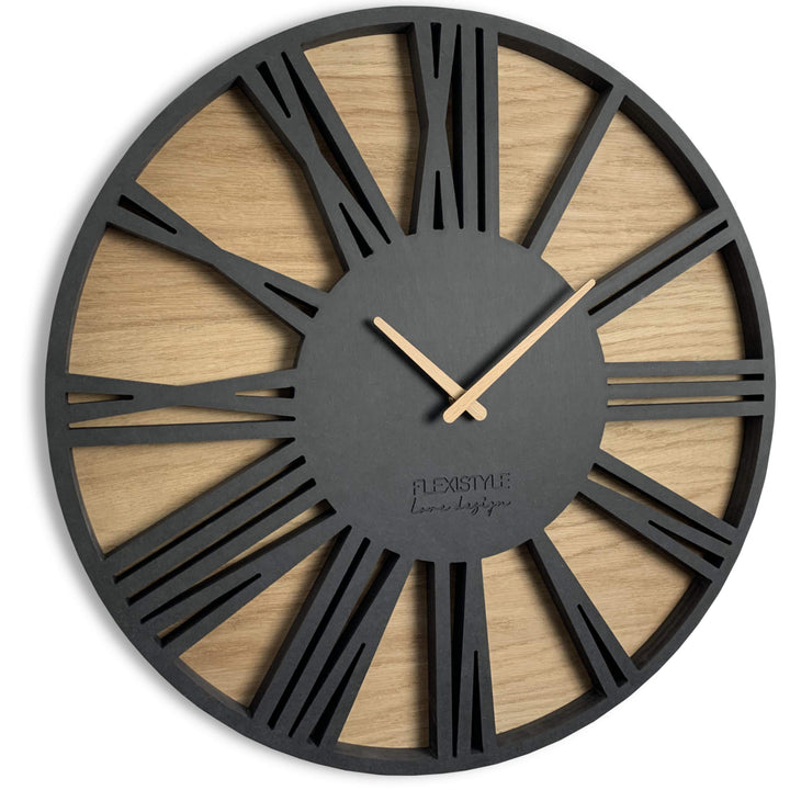 FLEXISTYLE Gross wanduhr ohne tickgeräusche Roman LOFT Schwarz 50cm, Wohnzimmer, Schlafzimmer, in EU