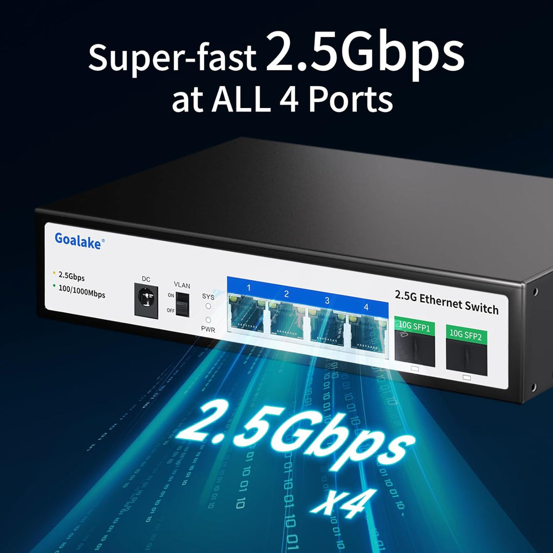 Goalake Multi-Gigabit Desktop-Switch, 6 Ports, 2,5 G, nicht verwaltet, 4 Base-T Ports 2,5 G, 2 SFP 1