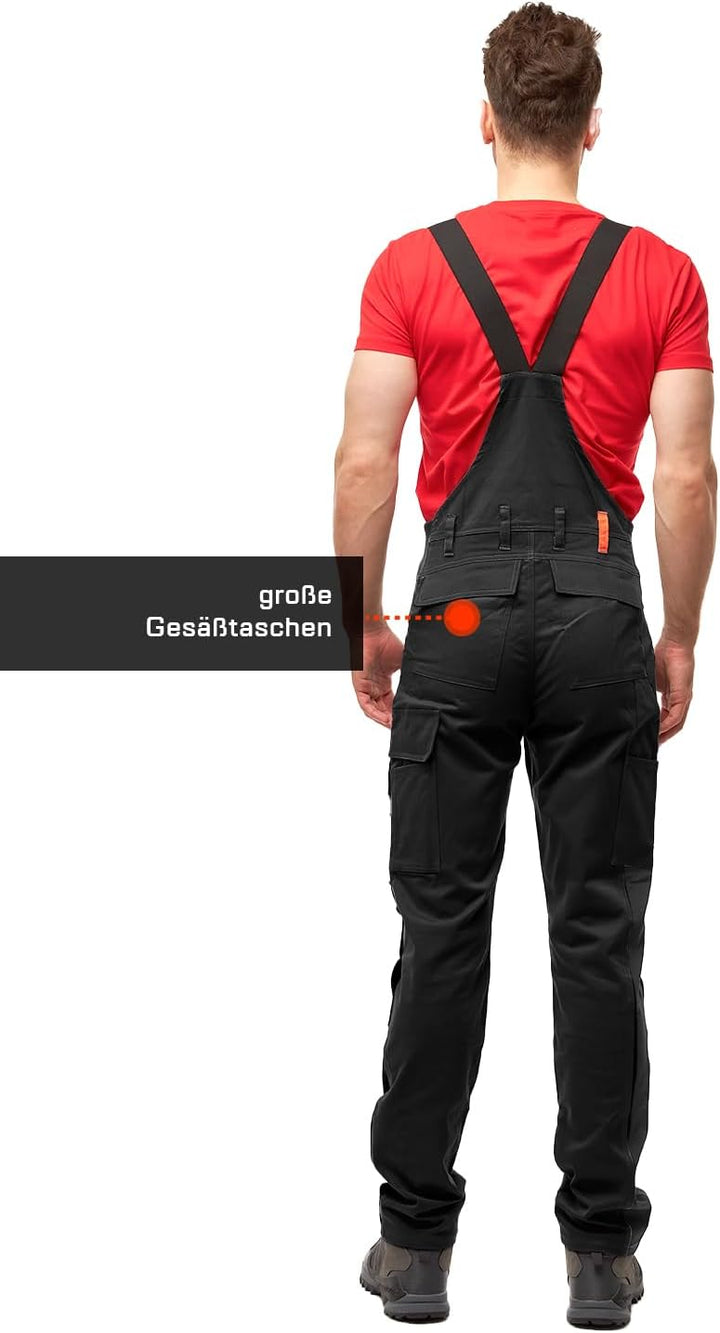 strongAnt Latzhose Herren Stretch Arbeitshose Arbeitslatzhose mit Kniepolstertaschen Schwarz Grau We