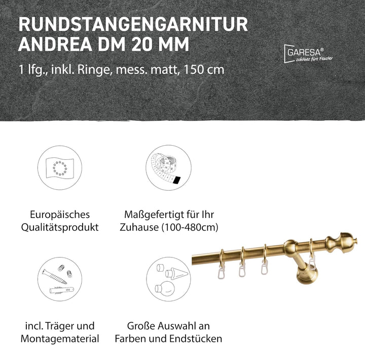 Garesa Gardinenstange Andrea Ø 20mm, 1-läufig, Messing, matt I Stabile Vorhangstange inkl. Ringe + F