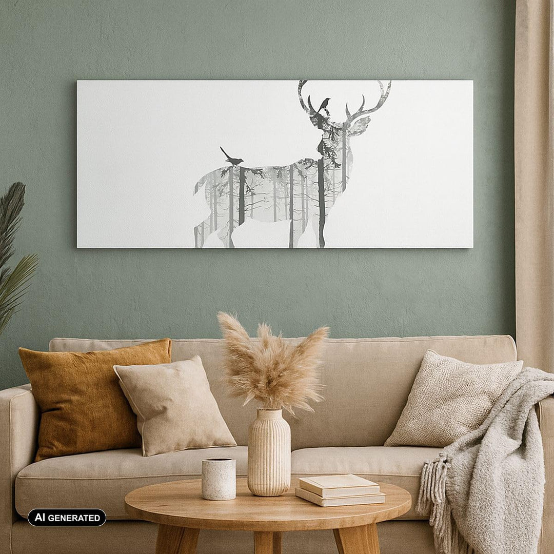Panorama Bilder auf Leinwand 100x40cm Leinwandbild Hirsch Herbst Wald Illustration Gross Wanddeko Bi