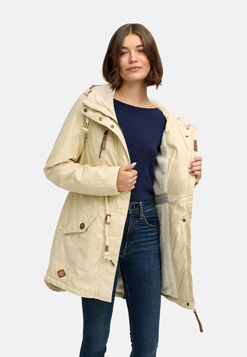 Ragwear Damen Mantel Lange warme Winterjacke mit Teddyfell-Kapuze Elsie Intl XS-5XL M Beige22, M Bei