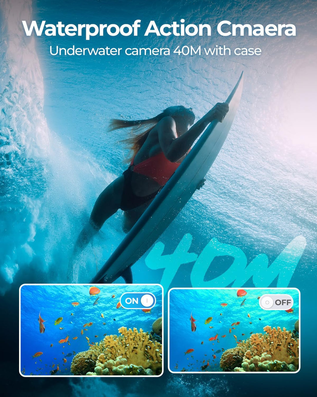 4K 60FPS Action Cam, Unterwasserkamera mit 128G SD Karte 48MP HD WiFi Kamera mit EIS 40M Wasserdicht