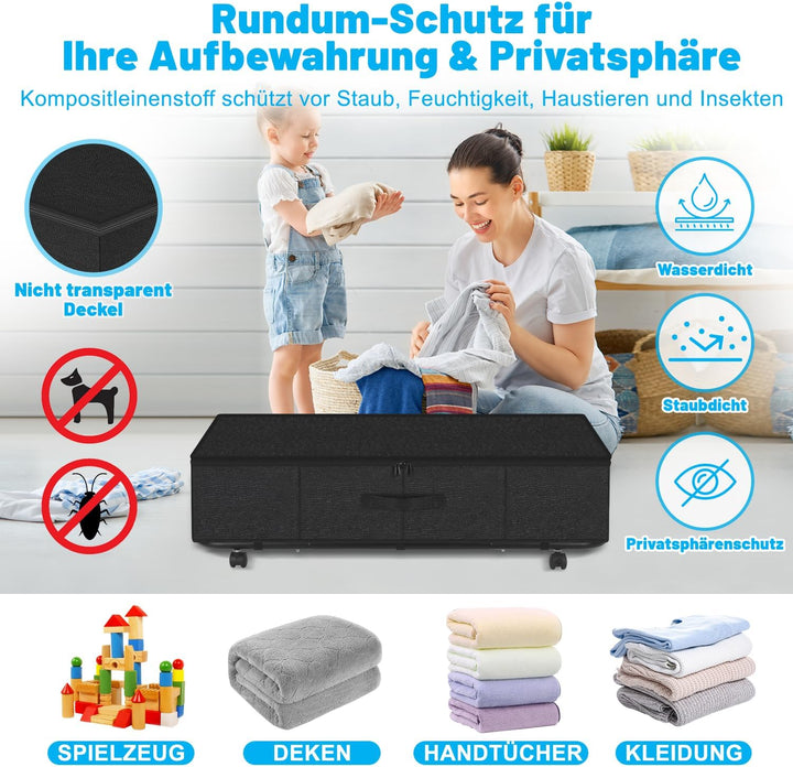 Unterbett Aufbewahrungsbox mit Rollen & 3 Griffen, 2er Set Faltbare Unterbett Kommode 50L, Faltbare