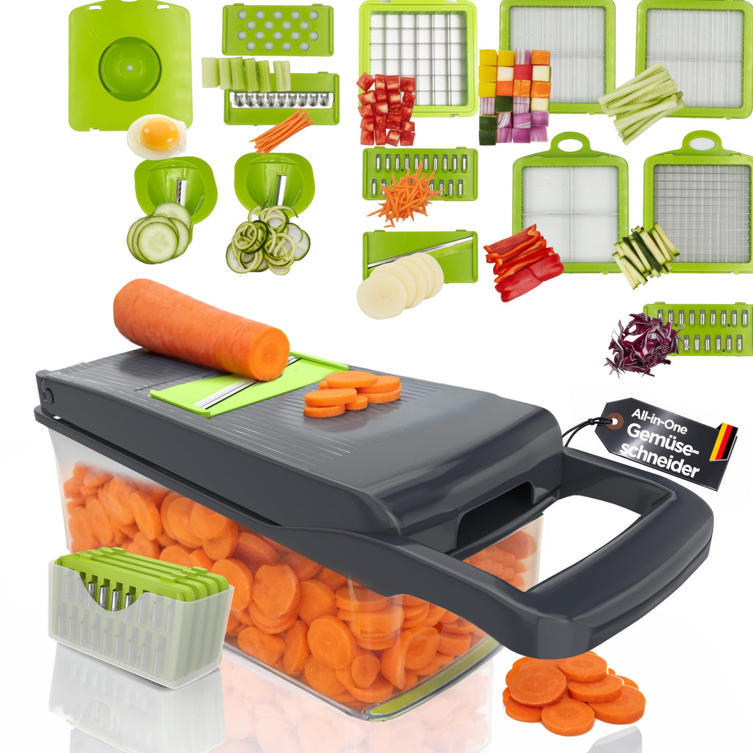 Gemüseschneider Multifunktion 13-in-1 mit Auffangbehälter, Mandoline Hobel, Zwiebelschneider, Würfel