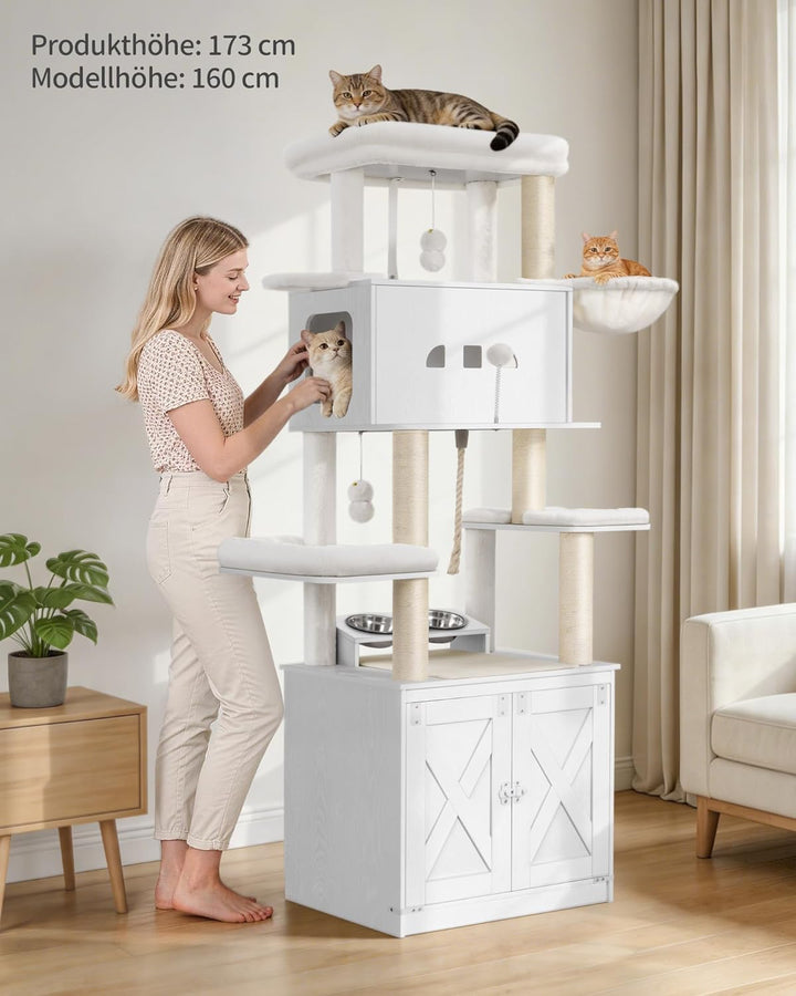 Hzuaneri Kratzbaum, Katzenbaum mit Katzenklo Schrank, Futterstation, 173 cm Hoch, mit Grosser Plattf