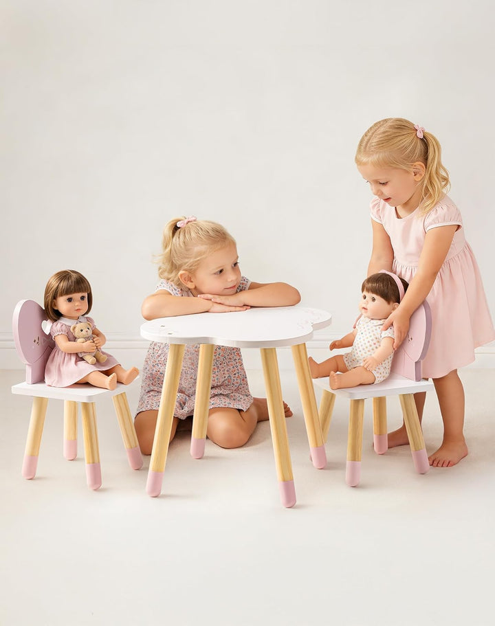 ROBOTIME Holz Puppen Küche Esstisch und 2 Stühle Set, Puppen Esszimmer Set, Holz Puppenmöbel für 16-