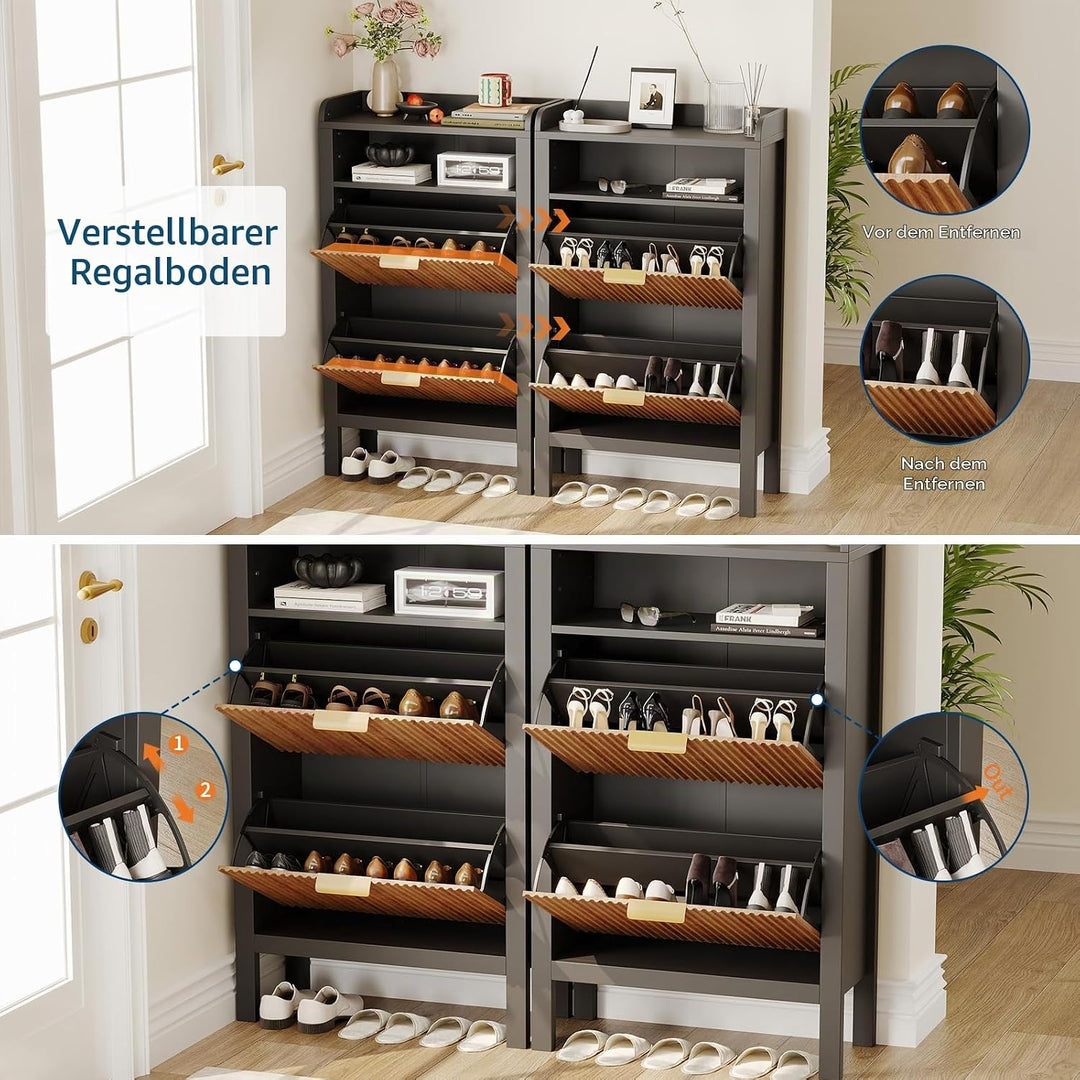 Garvee Schuhschrank mit 2 Klappschubladen, Schmaler, Geriffelter Schuhschrank mit Füssen, Freistehen