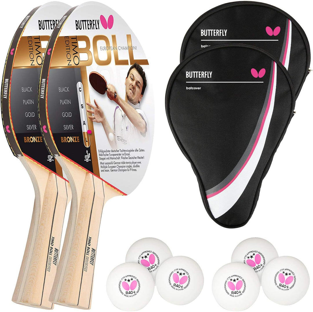 Butterfly Timo Boll Bronze 2 x Tischtennisschläger + 2 x Tischtennishülle Drive Case + 2 x 3*** ITTF