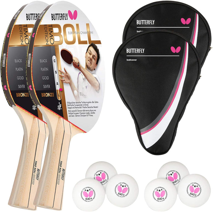 Butterfly Timo Boll Bronze 2 x Tischtennisschläger + 2 x Tischtennishülle Drive Case + 2 x 3*** ITTF