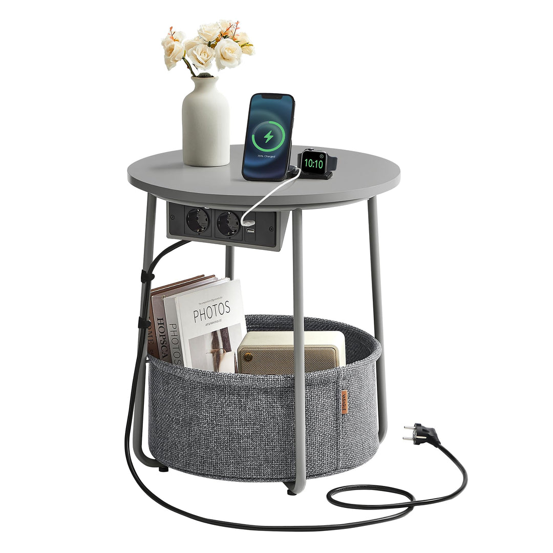 VASAGLE Beistelltisch rund, Kleiner Tisch, Couchtisch mit Steckdose, Wohnzimmertisch, Korb aus Stoff