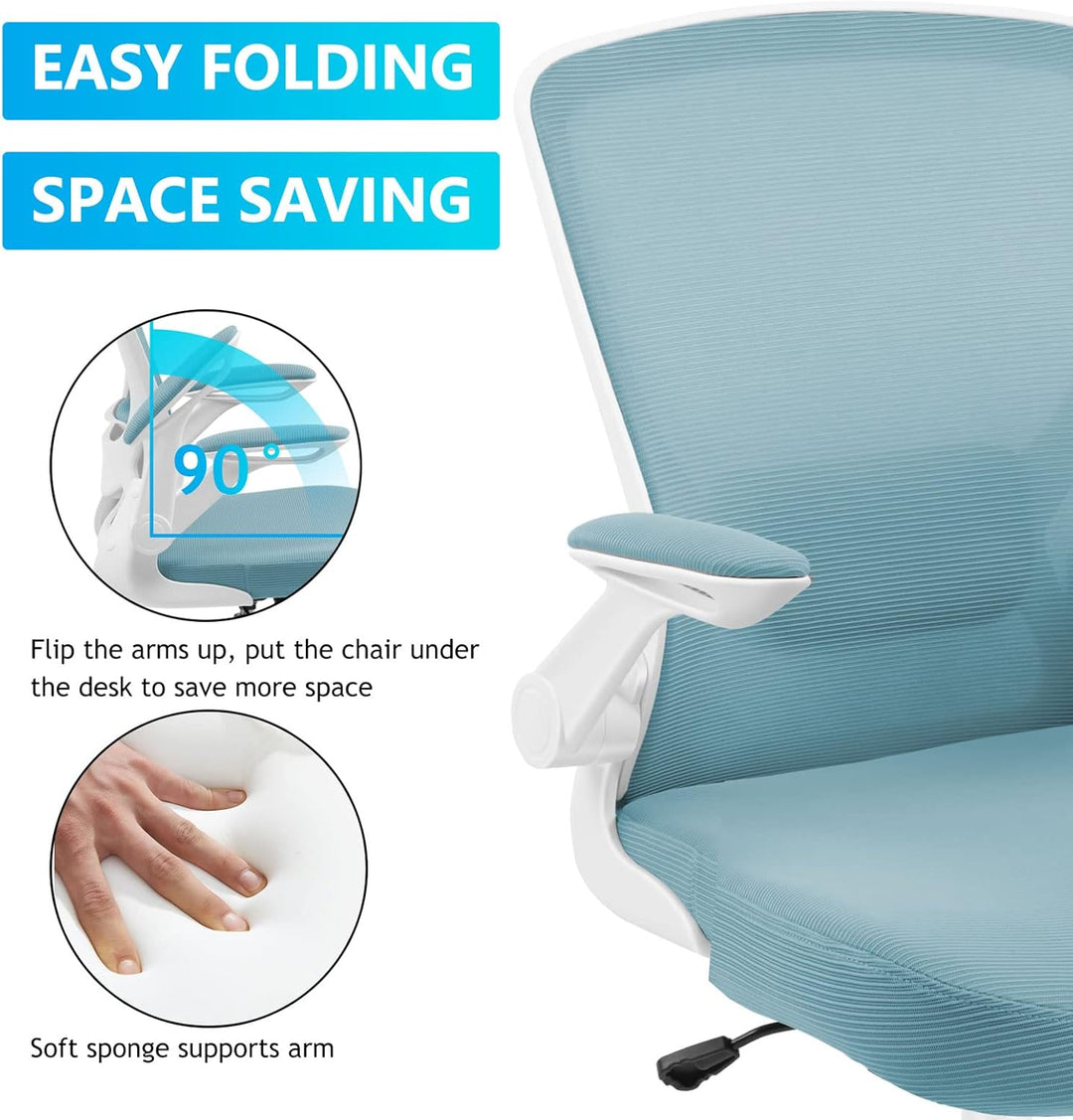 KERDOM Bürostuhl, Ergonomischer Schreibtischstuhl mit Klappbaren Armlehnen, 360° Drehstuhl Mesh Comp