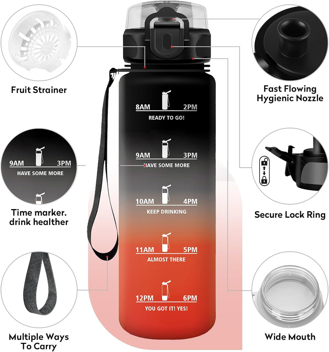 KollyKolla Trinkflasche Kohlensäure Geeignet, 500ml/1L/1.5L, Sport Trinkflasche mit Zeitmarkierung,
