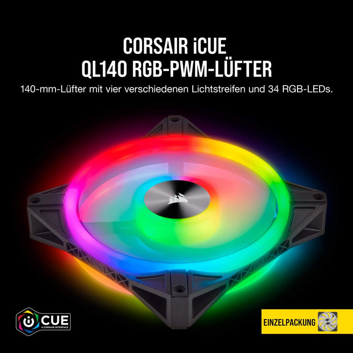 Corsair iCUE QL140 RGB, 140-mm-RGB-LED-PWM-Lüfter (34 Einzeln Ansteuerbare RGB-LEDs, Schwindigkeiten
