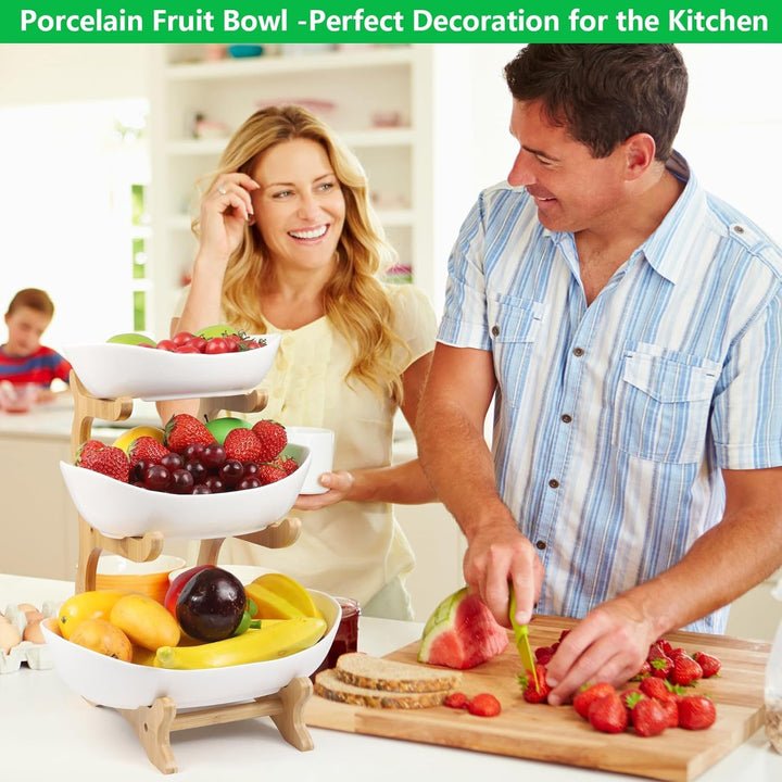 Dreamhigh® Keramik Obst Etagere mit 3 Etagen, Platzsparendes Obstkorb Etagere für die Familie, Stabi