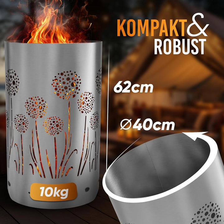 TiKo-Design Feuertonne Feuerkorb mit Motiv – Lagerfeuertonne mit Pusteblumen Motiv – Perfekt für gem
