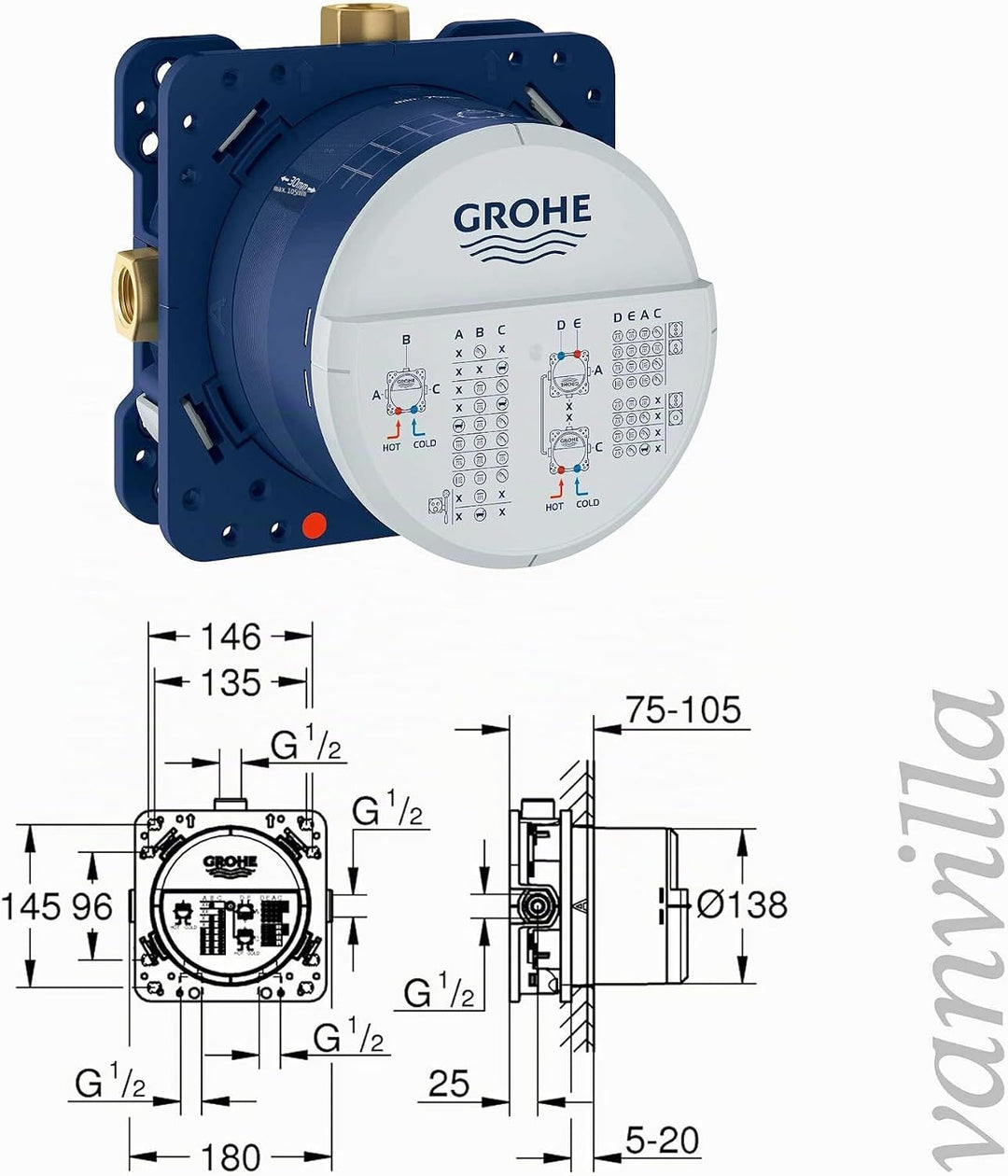 vanvilla Duschsystem mit Unterputz Duscharmatur von Grohe Grohtherm 2-Wege Thermostat und vanvilla R