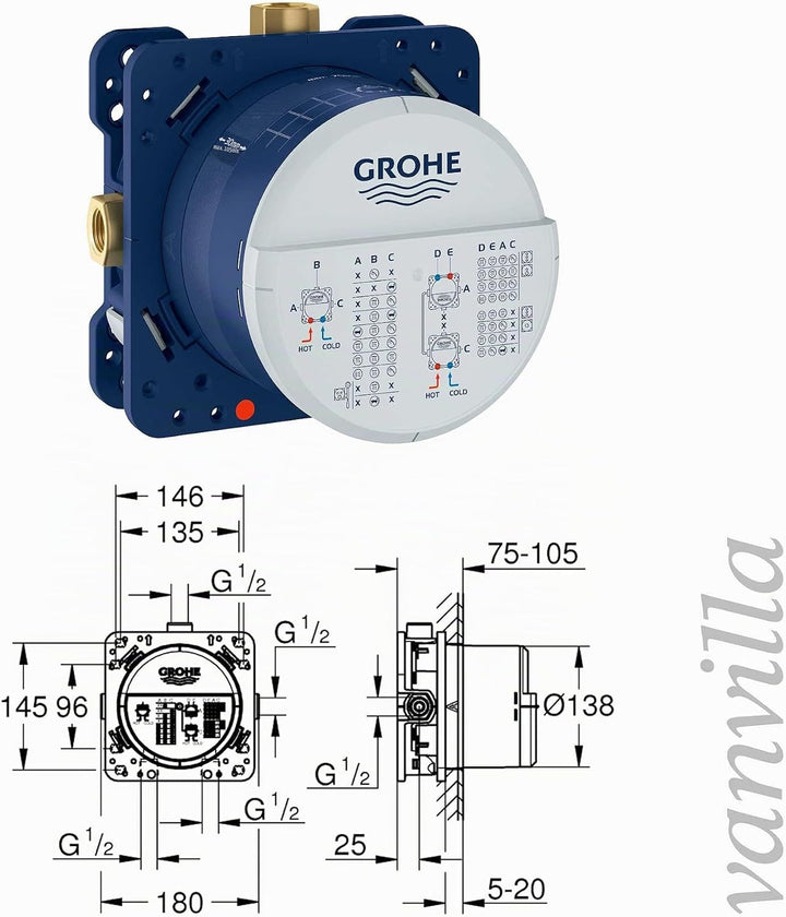 vanvilla Duschsystem mit Unterputz Duscharmatur von Grohe Grohtherm 2-Wege Thermostat und vanvilla R